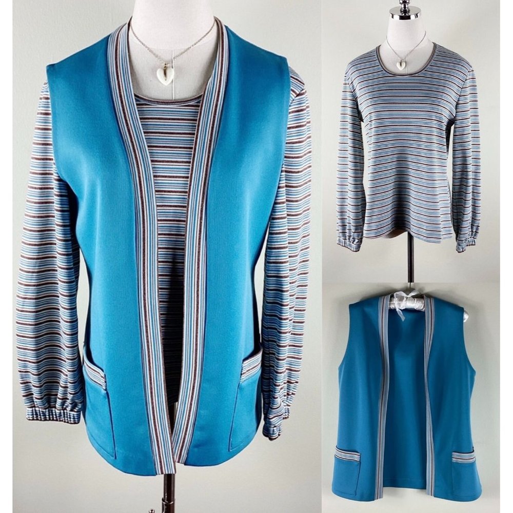Vintage Blue Striped Top and Teal Vest Set